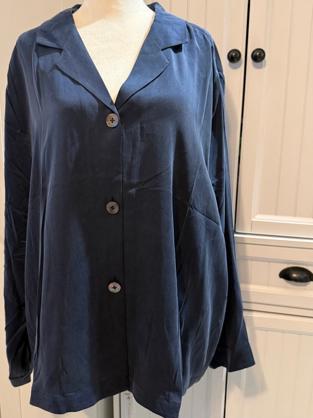 Quince 100% Washable Silk Pajama Long Sleeve Top Indigo XL NWT